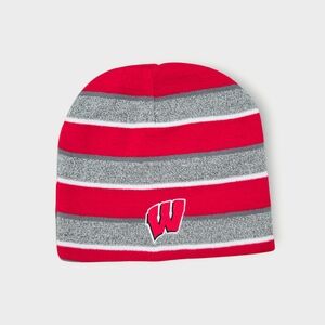 Reversible Wisconsin Badgers Mens Unisex OSFA Black Striped Beanie Hat Graphic